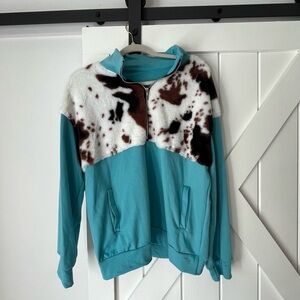 Aqua Blue Fleece-Trim Half-Zip Jacket